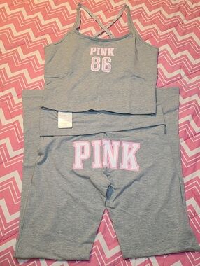 VS PINK Classic Cotton Foldover Flare Pants & Bra Tank Set Size M Short